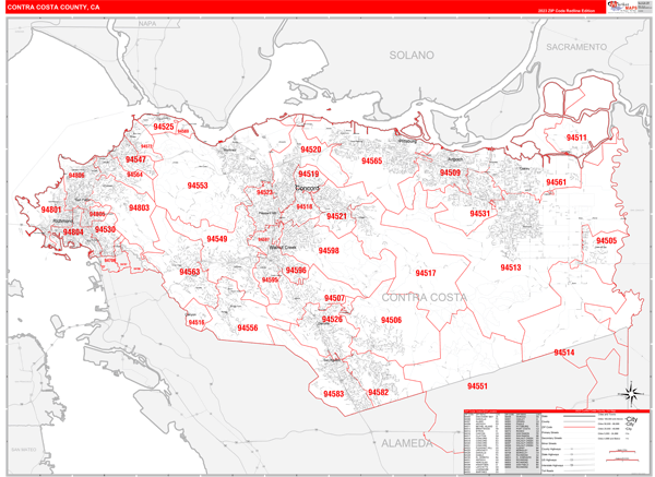 Contra Costa County, CA Zip Code Wall Map Red Line Style by MarketMAPS - MapSales